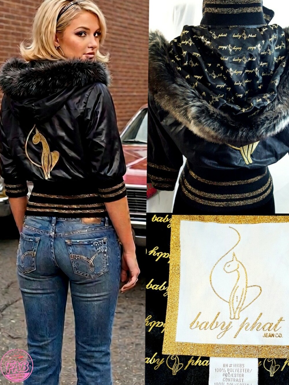 Rare!Y2K BABY PHAT💋Vtg Cropped Puff Hooded Bomber Jacket w/ Gold Cat Embroidery